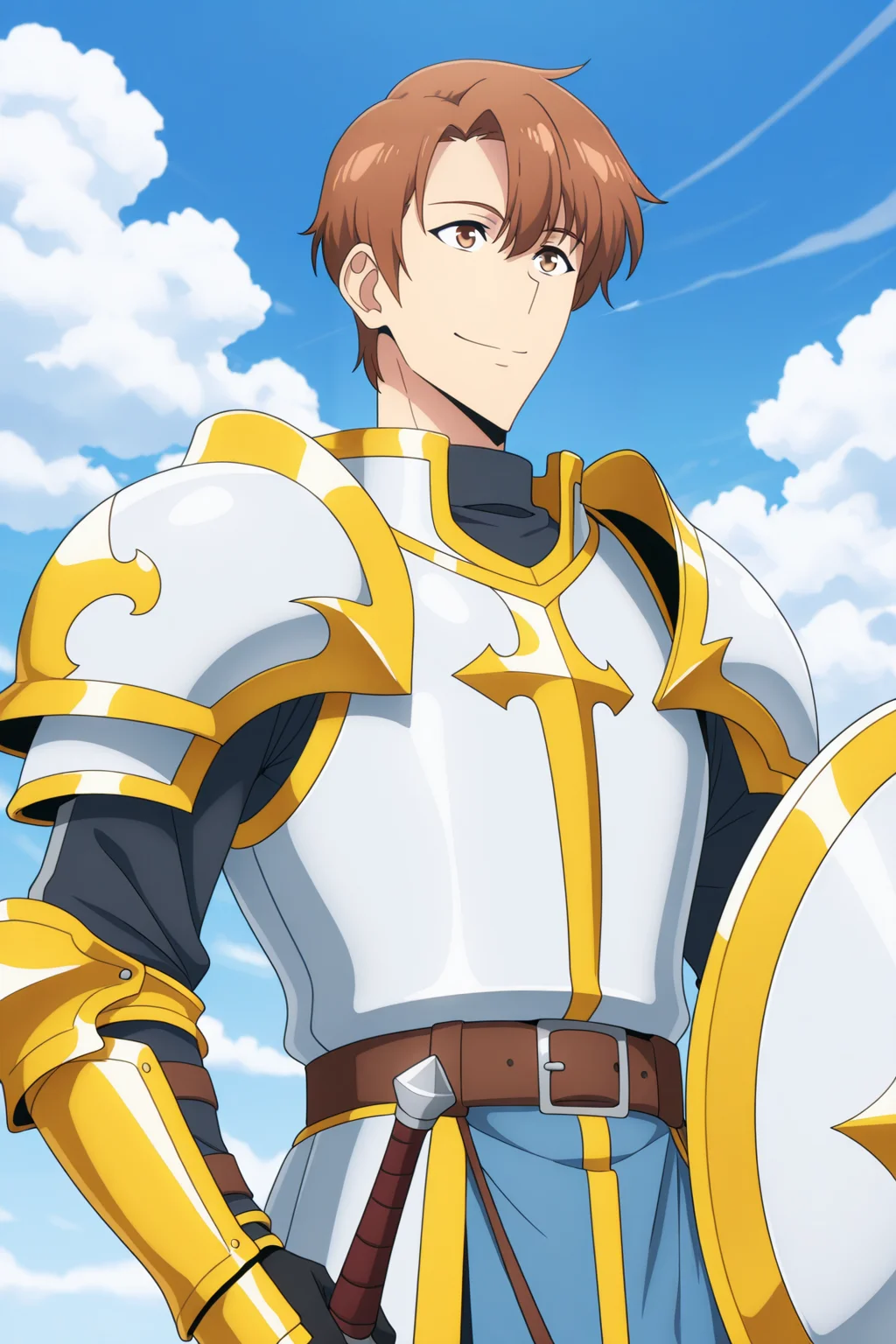 <lora:SoloLeveling:1>, SoloLeveling, 1boy, male focus, solo, brown hair, armor, shield, brown eyes, gloves, smile, shoulder armor, short hair, sky, holding, black gloves, gauntlets, weapon, closed mouth, cloud, day, outdoors, sword, blue sky, knight, white armor