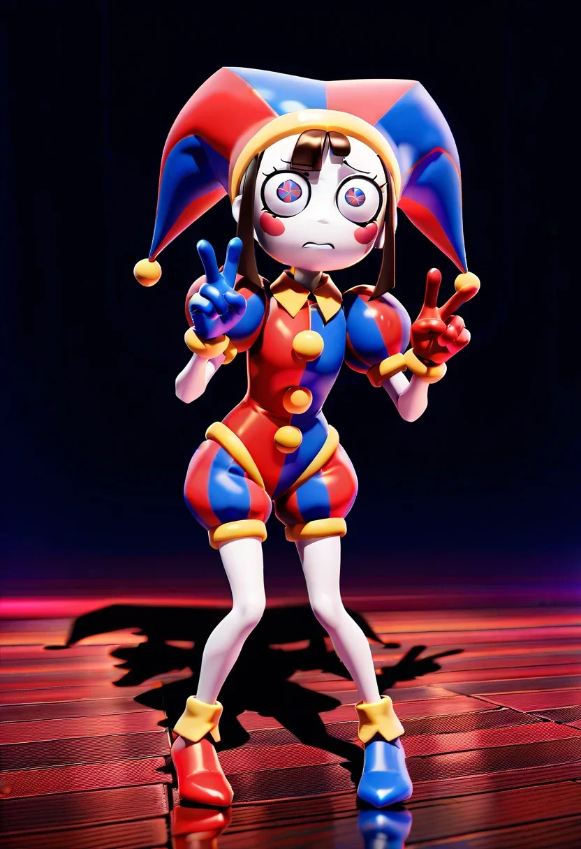 PomniTADC, 1girl, blue eyes, brown hair, red eyes, gloves, hat, short sleeves, puffy sleeves, puffy short sleeves, symbol-shaped pupils, blush stickers, red gloves, facepaint, jester cap, colored skin, white skin, blue shoes, red shoes, blue gloves, solo, full body, 3d, render, v pose, worried expression