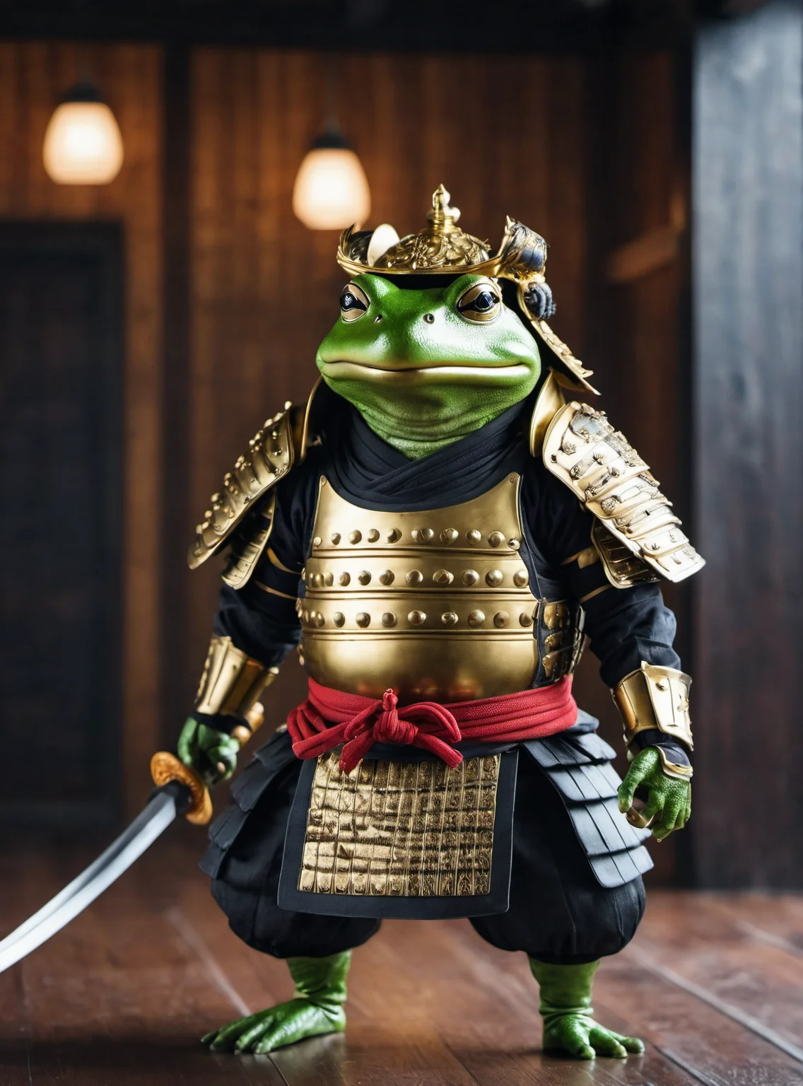 cinematic film still realistic photo of a samurai frog standing, wearing samurai armor, samurai helmet, in a dojo, strike a pose, <lora:add_detail:1> . shallow depth of field, vignette, highly detailed, high budget, bokeh, cinemascope, moody, epic, gorgeous, film grain, grainy