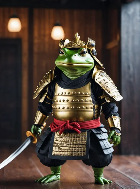 cinematic film still realistic photo of a samurai frog standing, wearing samurai armor, samurai helmet, in a dojo, strike a pose, <lora:add_detail:1> . shallow depth of field, vignette, highly detailed, high budget, bokeh, cinemascope, moody, epic, gorgeous, film grain, grainy