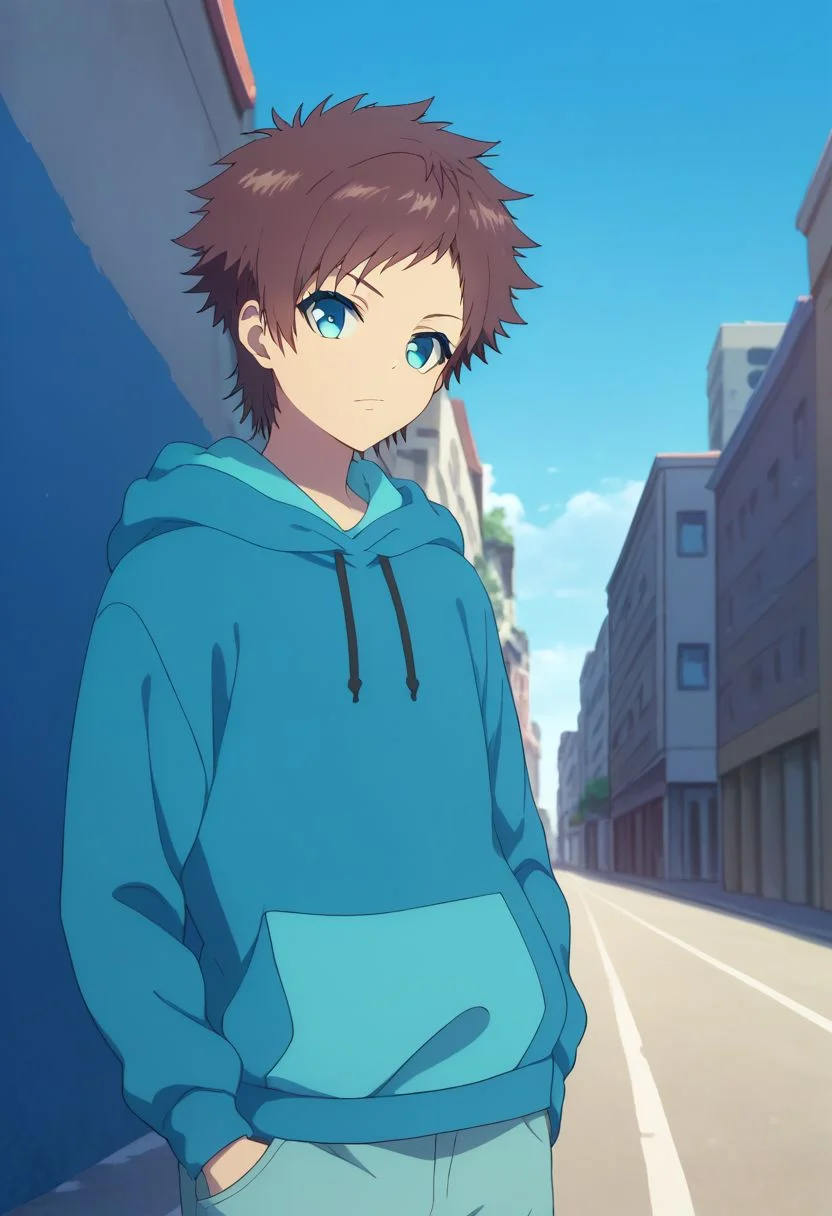 score_9, score_8_up, score_7_up, source_anime, highly detailed, 
hikari, 1boy, male focus, solo, brown hair, hoodie, hood, shorts, blue eyes, upper body, blue hoodie, hands in pocket, standing, hood down, 
outdoor, sky, street,