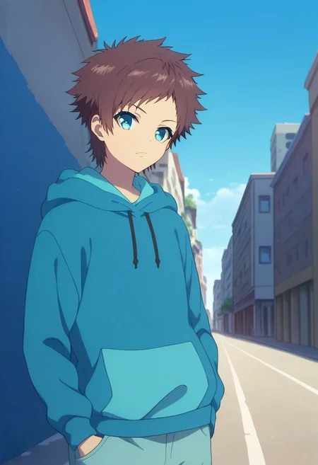score_9, score_8_up, score_7_up, source_anime, highly detailed,
hikari, 1boy, male focus, solo, brown hair, hoodie, hood, shorts, blue eyes, upper body, blue hoodie, hands in pocket, standing, hood down,
outdoor, sky, street,