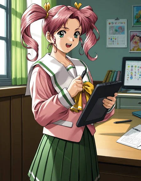 score_9, score_8_up, score_7_up, <lora:shuusaku-v2-ponyxl-000016:0.8> chiaki, twintails, serafuku, pink shirt, pleated skirt, green skirt,
1girl, solo, drawing tablet, happy, stylus, close-up, classroom