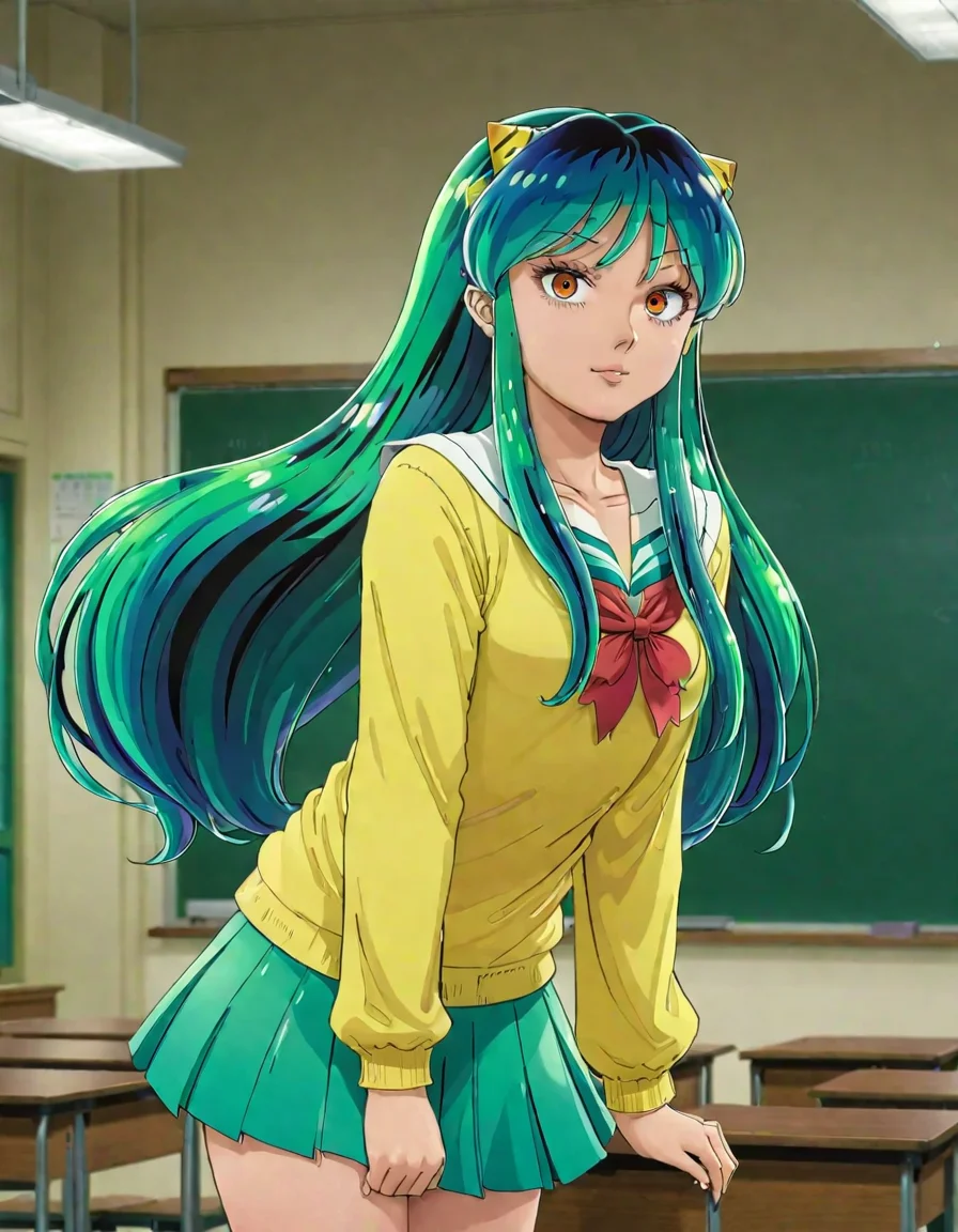(detailed anime art) of lum standing in classroom <lora:lum2:0.85>