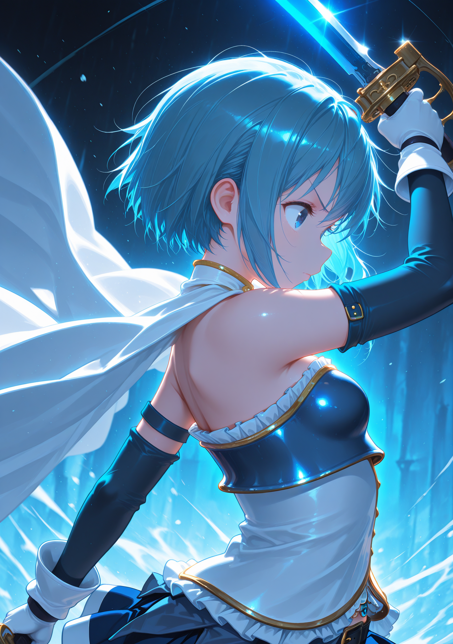 masterpiece,best quality,amazing quality,
<lora:svevsty:1>,svevsty,
upper body,
1girl,blue eyes,blue hair,blue theme,cape,detached sleeves,gloves,holding,holding sword,holding weapon,miki sayaka,short hair,solo,sword,thighhighs,weapon,white cape,