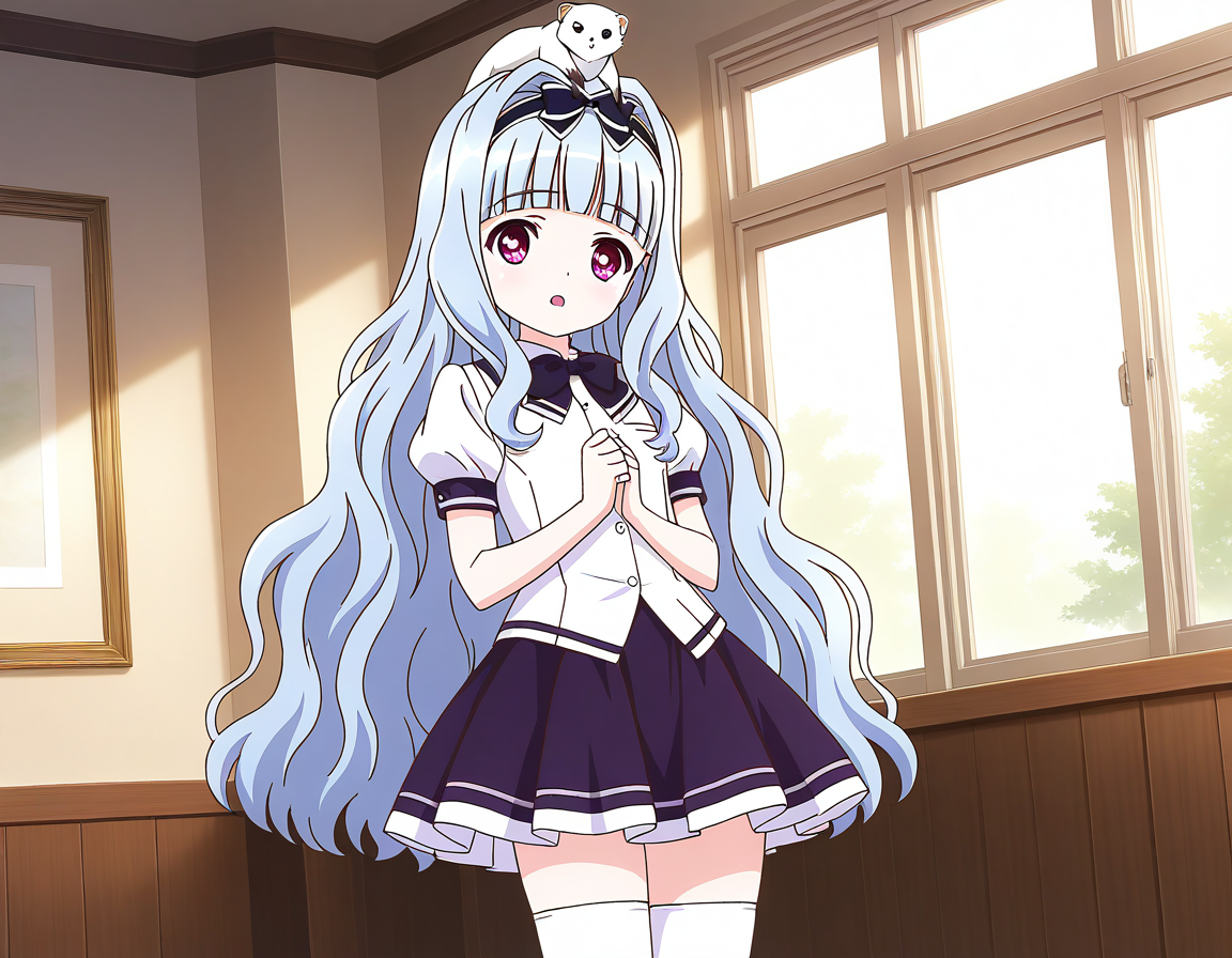 general,highres, ultra-detailed,very aesthetic,best quality ,best hands,  BREAK <lora:Watayuki_BP_IS:1>Watayuki(BP), 1girl,solo, hairband, very long hair, hair bow, purple eyes,  hair intakes, light blue hair, blunt bangs, wavy hair,
 thighhighs, school uniform, skirt, white thighhighs, bow, zettai ryouiki, ribbon, indoors, short sleeves, shirt, 
open mouth, pink eyes, white shirt, puffy sleeves, looking at viewer, miniskirt,
multiple_animals,  white_ferret, animal on head,