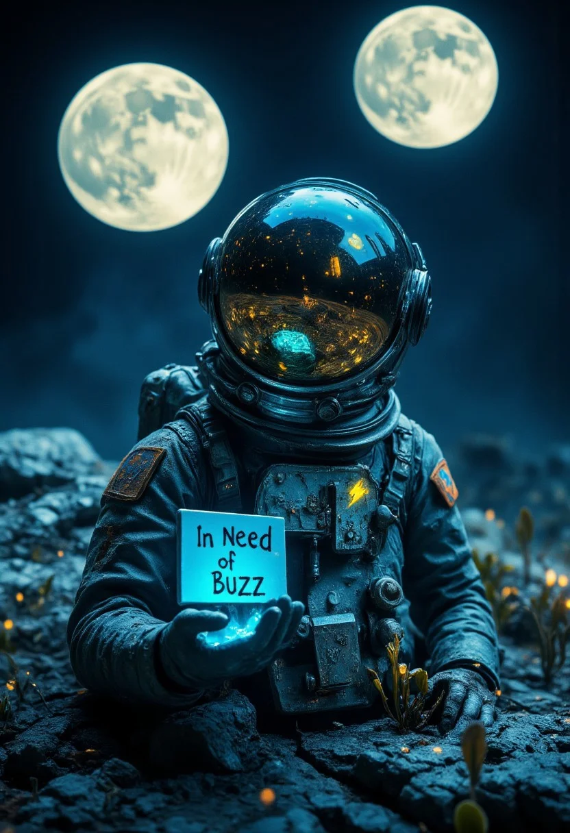 ((aidmaimageupgrader)), A hyper-realistic close-up of a lone astronaut standing on an alien planet, their reflective helmet visor showing a vast, uncharted landscape under two massive, glowing moons. The astronaut’s suit is worn and dusty, with a small, hand-painted blue and yellow thunderbolt symbol—the icon for ‘Buzz’—on the chest plate. One gloved hand is extended forward, palm open, holding a tiny, holographic sign that reads, ‘In Need of Buzz.’ Reflected in the visor, strange bioluminescent plants glow in shades of electric blue and neon green, casting eerie light across the cracked, rocky terrain. The soft glow of alien flora around them enhances the feeling of solitude, as if this lone explorer is stranded at the edge of the universe, humbly seeking the support of passersby.
