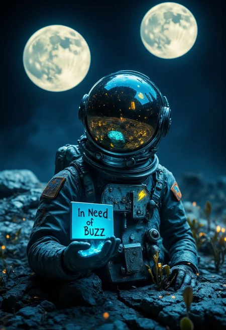 ((aidmaimageupgrader)), A hyper-realistic close-up of a lone astronaut standing on an alien planet, their reflective helmet visor showing a vast, uncharted landscape under two massive, glowing moons. The astronaut’s suit is worn and dusty, with a small, hand-painted blue and yellow thunderbolt symbol—the icon for ‘Buzz’—on the chest plate. One gloved hand is extended forward, palm open, holding a tiny, holographic sign that reads, ‘In Need of Buzz.’ Reflected in the visor, strange bioluminescent plants glow in shades of electric blue and neon green, casting eerie light across the cracked, rocky terrain. The soft glow of alien flora around them enhances the feeling of solitude, as if this lone explorer is stranded at the edge of the universe, humbly seeking the support of passersby.
