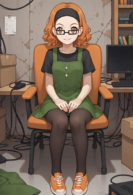 score_9, score_8_up, score_7_up, score_6_up, score_5_up, source_anime, anime_coloring, 2D, highres
pkmnlanette, 1girl, orange hair, short hair, black headband, orange eyes, black-framed eyewear, glasses, black t-shirt, green dress, overalls dress, buttons, black pantyhose, orange sneakers, forehead
indoors, computer room, computers, wires, cable box, dirty walls, bookshelves, messy background, detailed background, boxes, smiling, sitting, legs together, chair, crumpled paper over the floor
