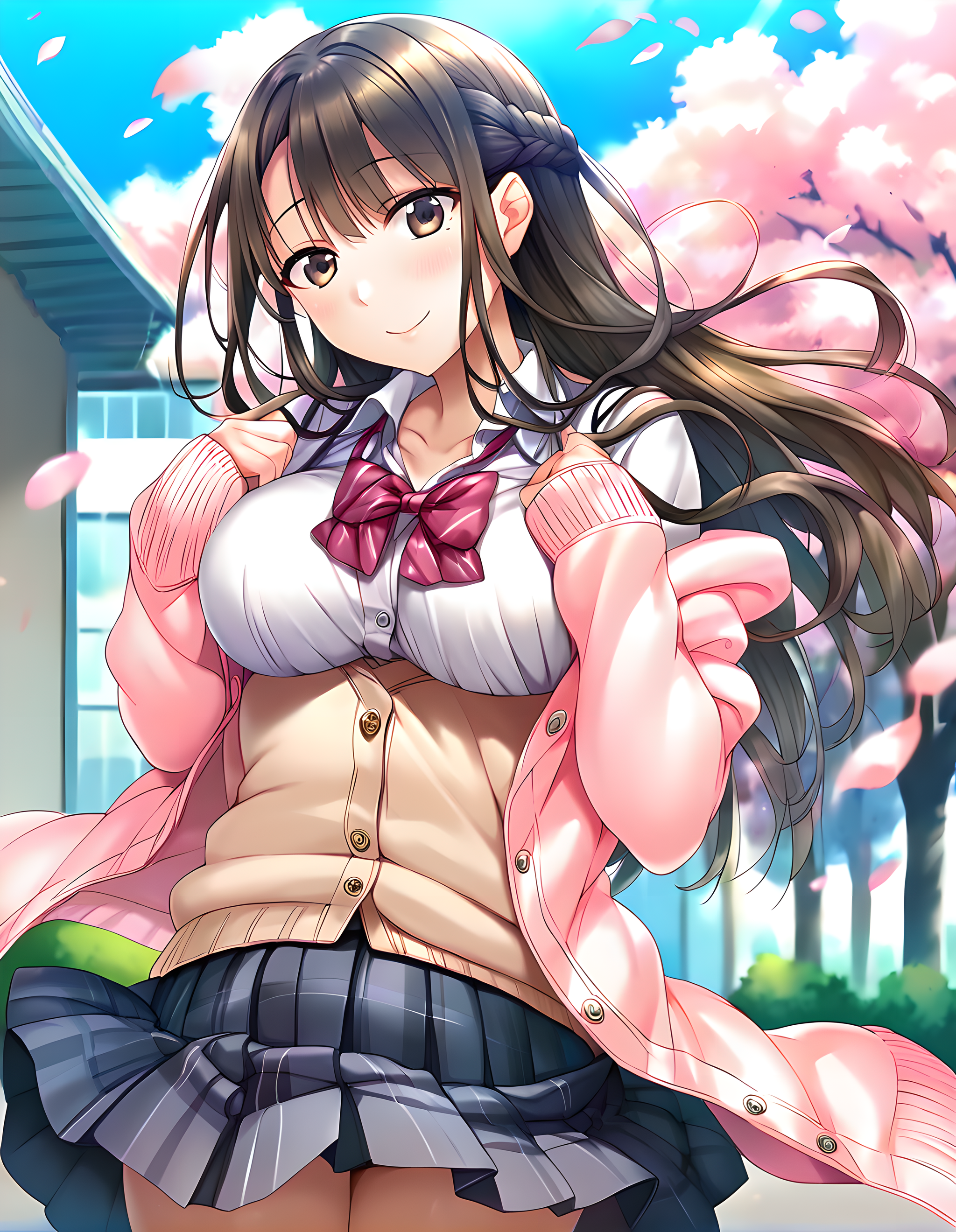 <lora:pony_xl_ayame:1>,ayame,score_9,score_8_up,score_7_up,source_anime,1girl,school uniform,open clothes,red bow,pink cardigan,white collared shirt,blue pleated skirt,plaid skirt,striped,socks,park,kind_smile,standing,front view,wind,