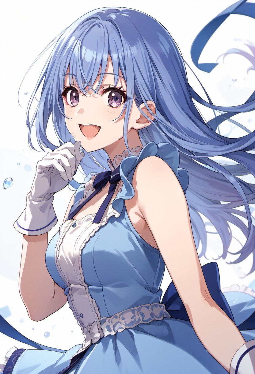score_9, score_8_up, score_7_up, source_anime, suzuki hana, long hair, blue hair, purple eyes, 1girl, solo, gloves, dress, blue dress, smile, white gloves, open mouth, looking at viewer, :d, from side, bow