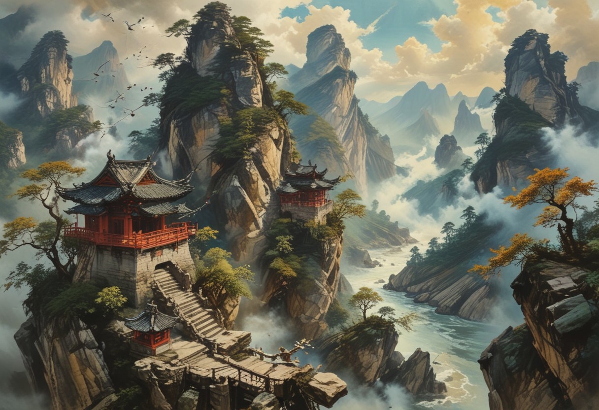 ultra fine detail, highly detailed and intricate details, cinematic, high definition, Tianzi Mountains, Chinese mountains, blue skies,  forest, river, birds flying, sun behind mountain, shadow cast, The mountains are tall, there are few trees on the mountain, there are stone stairs leading up the mountains, the mountains pierce the sky, the clouds are swirling around the frog shaped mountains, the clouds are breaking apart allowing light to pass through them, there is an old monk walking up the stair case, the old monk is smoking from a pipe, there are red wooden guard railings along the stair case up the mountain,  dragon fling between the mountains, advntr, (ink-style, ink_wash_painting),