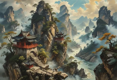 ultra fine detail, highly detailed and intricate details, cinematic, high definition, Tianzi Mountains, Chinese mountains, blue skies, forest, river, birds flying, sun behind mountain, shadow cast, The mountains are tall, there are few trees on the mountain, there are stone stairs leading up the mountains, the mountains pierce the sky, the clouds are swirling around the frog shaped mountains, the clouds are breaking apart allowing light to pass through them, there is an old monk walking up the stair case, the old monk is smoking from a pipe, there are red wooden guard railings along the stair case up the mountain, dragon fling between the mountains, advntr, (ink-style, ink_wash_painting),
