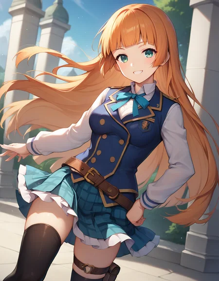score_9,score_8_up,score_7_up,score_6_up BREAK official art,solo,outdoors,cowboy shot,looking at viewer,facing viewer,smile,Anne(snb),Anne uniform,very long hair,orange hair,hime cut,floating hair,sidelocks,blunt bangs,aqua eyes,school uniform,blue neck ribbon,blue vest,white shirt,buttons,long sleeves,hand on hip,medium breasts,brown belt,belt buckle,miniskirt,blue skirt,plaid skirt,frilled skirt,pleated skirt,zettai ryouiki,thigh strap,black thighhighs,cross-laced footwear,brown footwear,<lora:Anne(snb)-Pony:1.2>,<lora:Smooth Anime Style LoRA XL:0.8>,