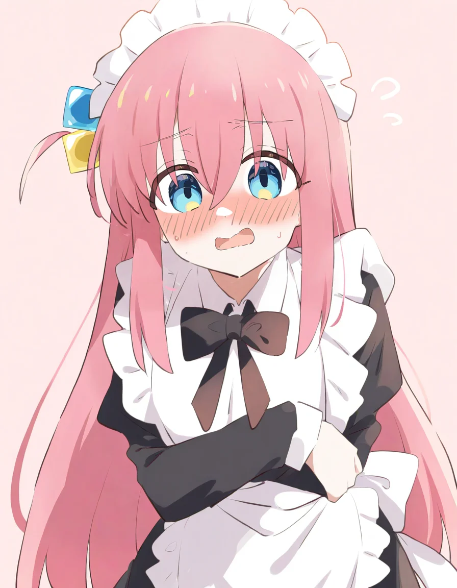 <lora:ruiruika:1.3>,1girl,gotoh hitori,bocchi the rock!,flustered,awkward,maid,alternate costume,pastel colors,light pink background,, masterpiece, best quality, very aesthetic, absurdres,newest, incredibly absurdres,