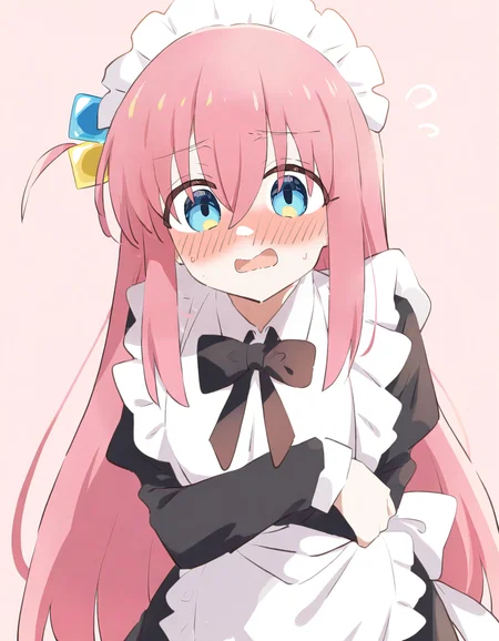<lora:ruiruika:1.3>,1girl,gotoh hitori,bocchi the rock!,flustered,awkward,maid,alternate costume,pastel colors,light pink background,, masterpiece, best quality, very aesthetic, absurdres,newest, incredibly absurdres,
