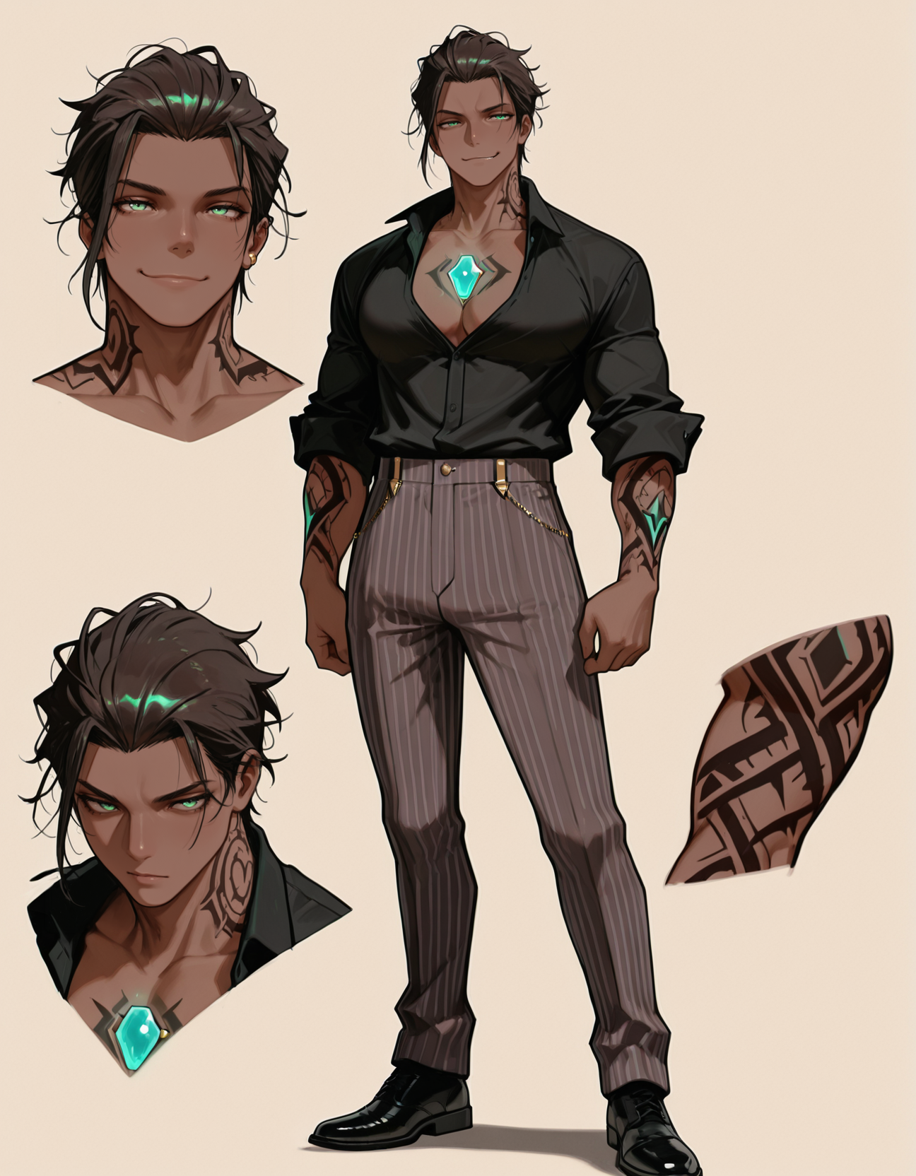 perfect quality, best quality, masterpiece, solo, beige background, male focus, ikemen, mature male,
beige background, reference sheet, close-up, multiple views, full body, f cropped shoulders,
black shoes,
<lora:filosleandros 1.0:1> filosleandros, dark skin, neck tattoo, arm tattoo, chest jewel, black shirt, pinstripe pants, jewelry, sleeves rolled up,
artist:sasakure \(mogunonbi\), brown hair,