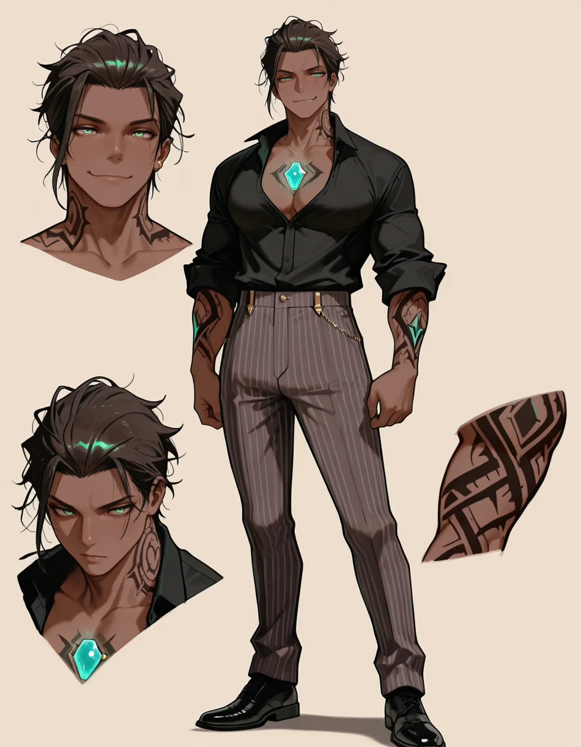 perfect quality, best quality, masterpiece, solo, beige background, male focus, ikemen, mature male,
beige background, reference sheet, close-up, multiple views, full body, f cropped shoulders,
black shoes,
<lora:filosleandros 1.0:1> filosleandros, dark skin, neck tattoo, arm tattoo, chest jewel, black shirt, pinstripe pants, jewelry, sleeves rolled up,
artist:sasakure \(mogunonbi\), brown hair,