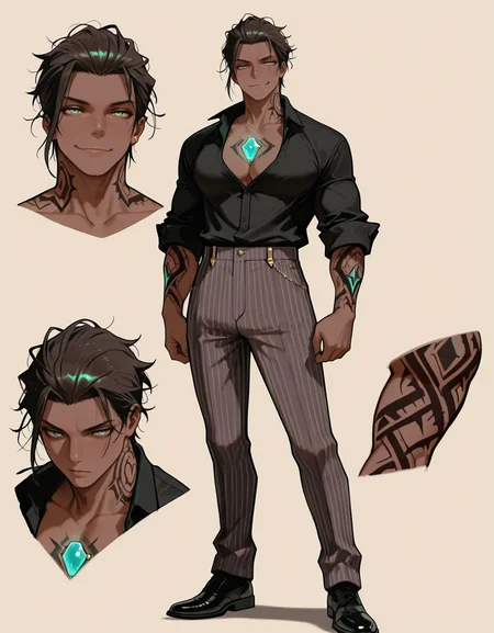 perfect quality, best quality, masterpiece, solo, beige background, male focus, ikemen, mature male,
beige background, reference sheet, close-up, multiple views, full body, f cropped shoulders,
black shoes,
<lora:filosleandros 1.0:1> filosleandros, dark skin, neck tattoo, arm tattoo, chest jewel, black shirt, pinstripe pants, jewelry, sleeves rolled up,
artist:sasakure \(mogunonbi\), brown hair,