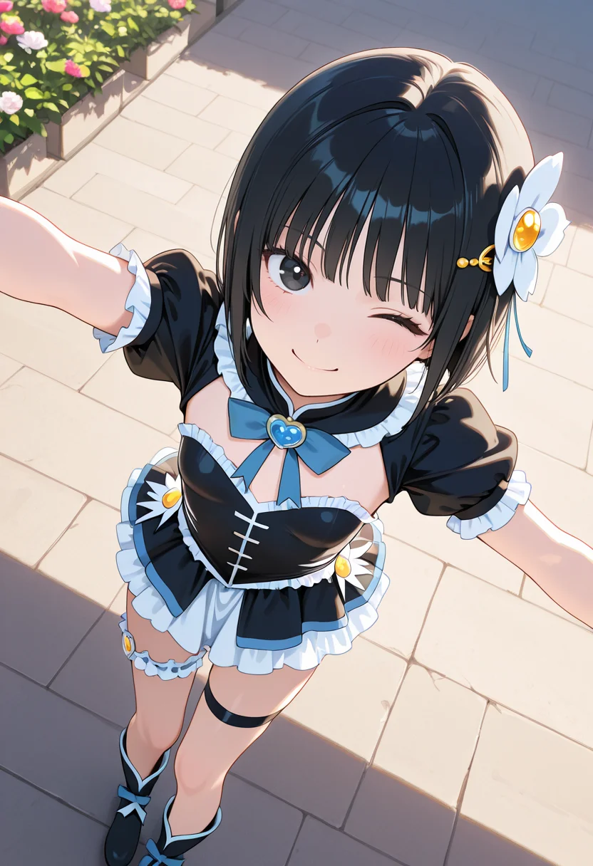 masterpiece,best quality,amazing quality, very aesthetic, ((outlined outlined vector graphics)), cute face, (glow eyes:0.5) , from above, looking at viewer ,beautiful scenery,
1girl,
20yo, black hair, black eyes, short bob hair, hair pin,small breast, slender,(white thigh strap:1.1),bangs
,
black clothes, (focus female), smile, action pose, (clothed:1.1),
magical girl outfit, magical girl, frilles, happy, , wink , (kawaii) , , flowers <lora:magical-girl-outfit-il-20:0.8>