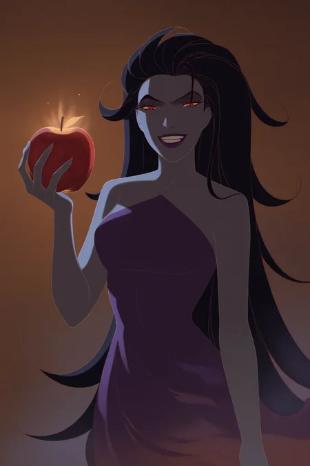 score_9, score_8_up, score_7_up, Eris, <lora:Eris_PDXL:0.9>,long hair, hair slicked back, red eyes, black hair, makeup, purple lipstick, colored skin, grey skin, pale skin, grin, medium breasts, dress, standing, (golden apple, gold apple in hands, mythology, dark purple glowing fire hair, glowing apple), front view, solo, face focus, close up, dark foggy background, best quality, high quality