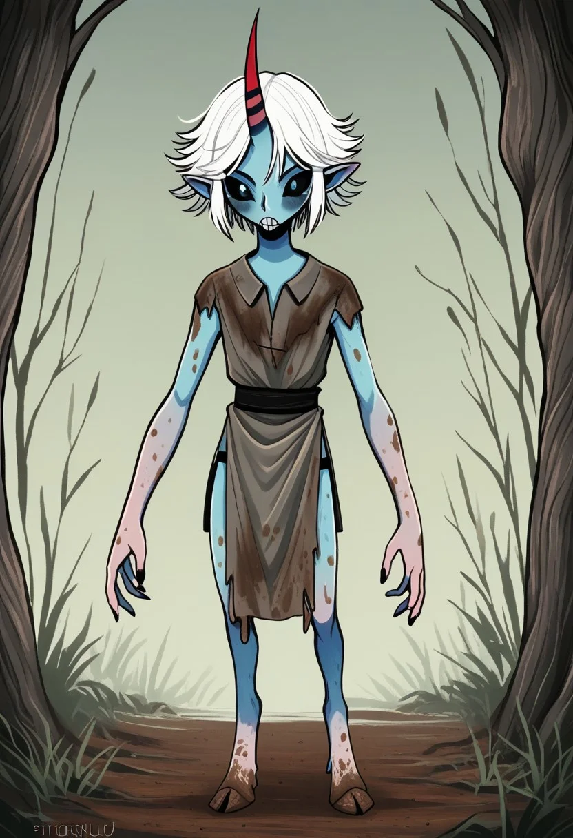 ((Alien humanoid)), solo, androgynous, aquatic features
blue skin, ((webbed skin between fingers)),
((nostrils only, nostril slits, vertical nasal slits, narrow nostrils)):1.6, ((narrow eyes)), ((black sclera, black irises)), smooth skin, pointy ears, small ears, tiny ears, holes in skin, forehead horn, short horn, veiny horn, ((single horn)):1.0, ((4 fingers)), fingernails, thin lips, ((white hair)), ((short hair, spiky hair)), sharp teeth, ((digitigrade legs)), bent legs,
full body shot
ragged clothes, muddy clothes, loincloth, tunic, dirty
Medieval style, fantasy style,
style: f33f4l,
((Variety)):1.2
((dutch angle))
river background
fully clothed, loose clothing, clean lines, smooth colors, detailed fingers, sfw, source: semi-realistic, rating: pg, score: 8 up, score: 9