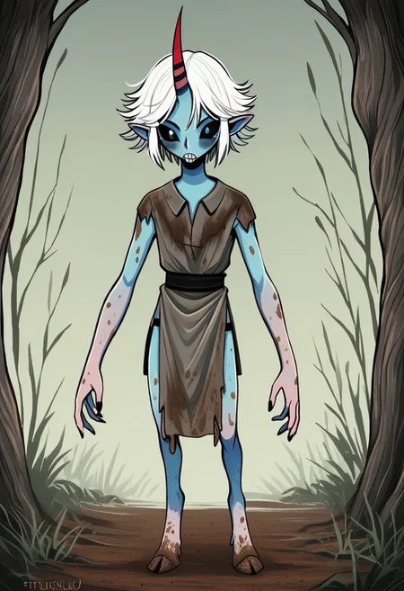 ((Alien humanoid)), solo, androgynous, aquatic features
blue skin, ((webbed skin between fingers)),
((nostrils only, nostril slits, vertical nasal slits, narrow nostrils)):1.6, ((narrow eyes)), ((black sclera, black irises)), smooth skin, pointy ears, small ears, tiny ears, holes in skin, forehead horn, short horn, veiny horn, ((single horn)):1.0, ((4 fingers)), fingernails, thin lips, ((white hair)), ((short hair, spiky hair)), sharp teeth, ((digitigrade legs)), bent legs,
full body shot
ragged clothes, muddy clothes, loincloth, tunic, dirty
Medieval style, fantasy style,
style: f33f4l,
((Variety)):1.2
((dutch angle))
river background
fully clothed, loose clothing, clean lines, smooth colors, detailed fingers, sfw, source: semi-realistic, rating: pg, score: 8 up, score: 9