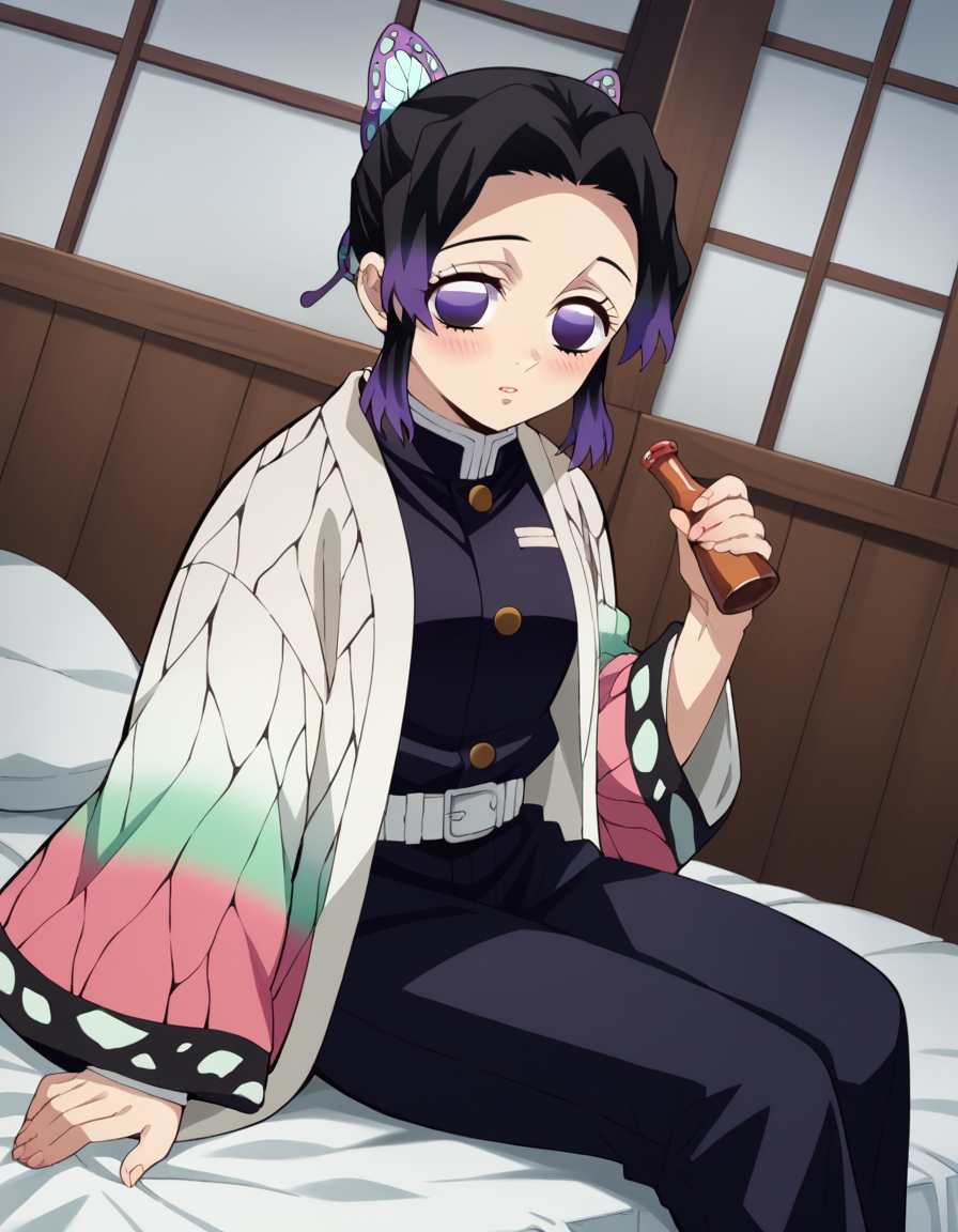 score_9, score_8_up, score_7_up, source_anime,
shinobukochou, <lora:shinobu-kochou-anime-ponyxl-lora-nochekaiser:1>,
shinobu kochou, animal print, black hair, butterfly, butterfly hair ornament, butterfly print, forehead, gradient hair, hair ornament, haori, multicolored hair, parted bangs, purple hair, short hair, two-tone hair,
belt, black pants, butterfly print, coat, demon slayer uniform, haori, japanese clothes, pants, uniform,
indoors, bed, bed room, on side, blush, drunk,
solo, dutch angle, looking at viewer, cowboy shot,