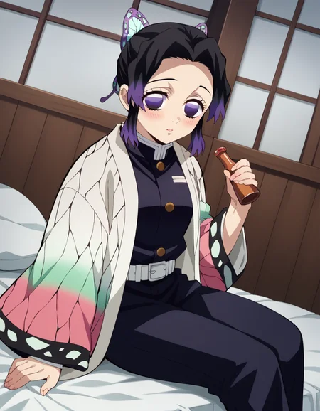 score_9, score_8_up, score_7_up, source_anime,
shinobukochou, <lora:shinobu-kochou-anime-ponyxl-lora-nochekaiser:1>,
shinobu kochou, animal print, black hair, butterfly, butterfly hair ornament, butterfly print, forehead, gradient hair, hair ornament, haori, multicolored hair, parted bangs, purple hair, short hair, two-tone hair,
belt, black pants, butterfly print, coat, demon slayer uniform, haori, japanese clothes, pants, uniform,
indoors, bed, bed room, on side, blush, drunk,
solo, dutch angle, looking at viewer, cowboy shot,