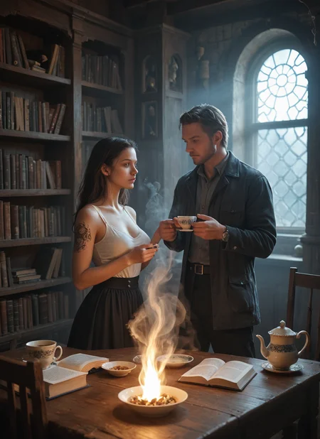 score_9, score_8_up, score_7_up,
Storm in a teacup, steam producing large whirlwind,
she is thin, tall, busty, sat with teaspoon in hand,
Cinematic lighting,couple,
masterpiece, best quality, highly detailed, sharp focus, dynamic lighting, cinematic lighting, volumetric lighting, realistic,eye catching,many shelves with books and many strange clocks, magic mirror, tattoo at her feet