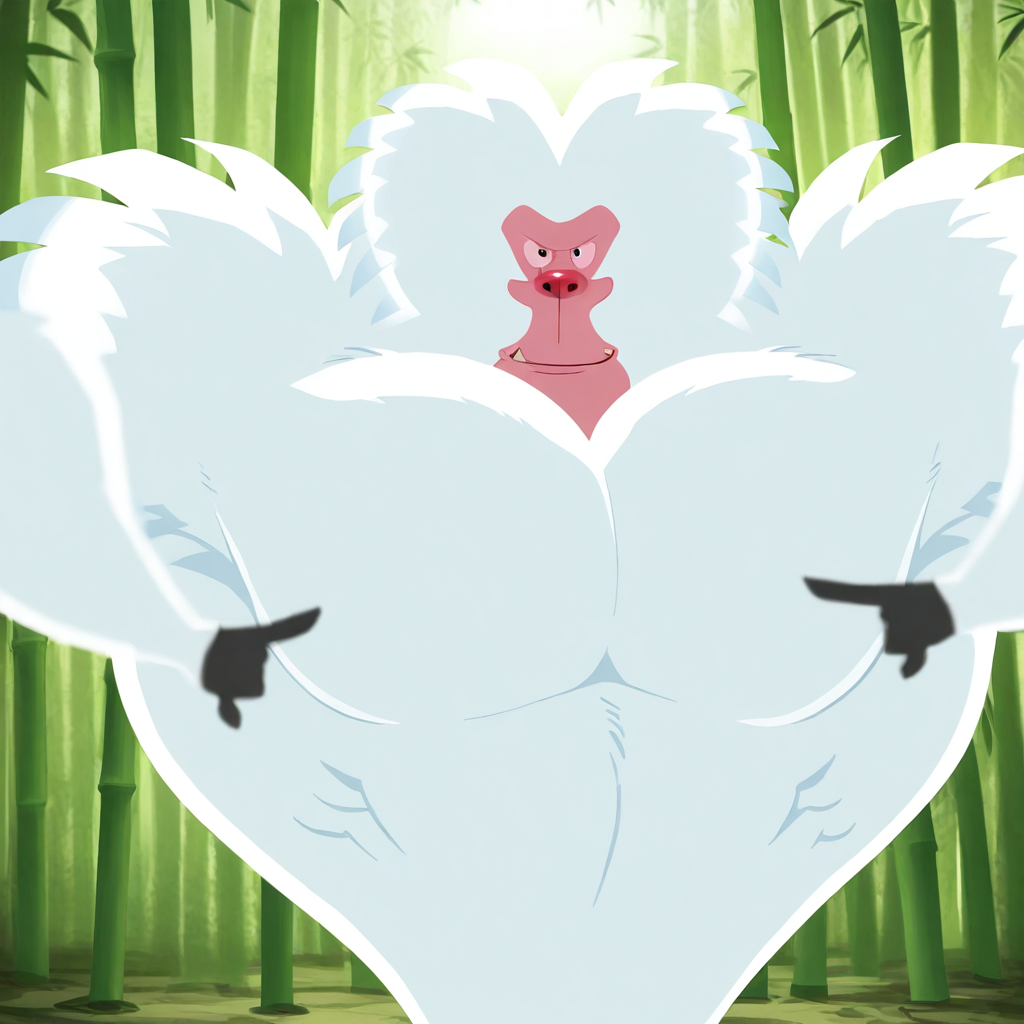 absurdres, masterpiece, 4k, 8k, cinematic lighting, dynamic posing BREAK Baboon, white fur, primate, villain, 1boy, solo, arms down, smile, looking at viewer, pointing at viewer, large muscles, large pectorals, facing front BREAK bamboo forest