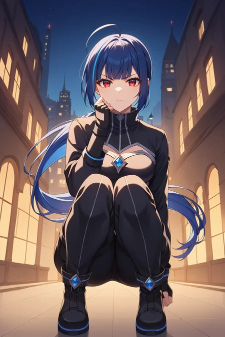 score_9, score_8_up, score_7_up, source_anime, 1girl, prefect lighting, very aesthetic, intricate details, highly detailed background, masterpiece, high quality, prefect hands, best quality, solo,
<lora:Assassin_Nagi_Nekono_Oyashiro_V1:.75>, KJOnagi, blue hair, white streaked hair, red eyes, blunt bangs, ahoge, low ponytail,
dark jacket, turtleneck, pants, thigh high boots, medium sleeves, fingerless gloves,
raised fist, squatting, looking at viewer, angry, hand up,
night, city, street, tall buildings,
(Beautiful, medium Breasts:1.2), natural breasts,