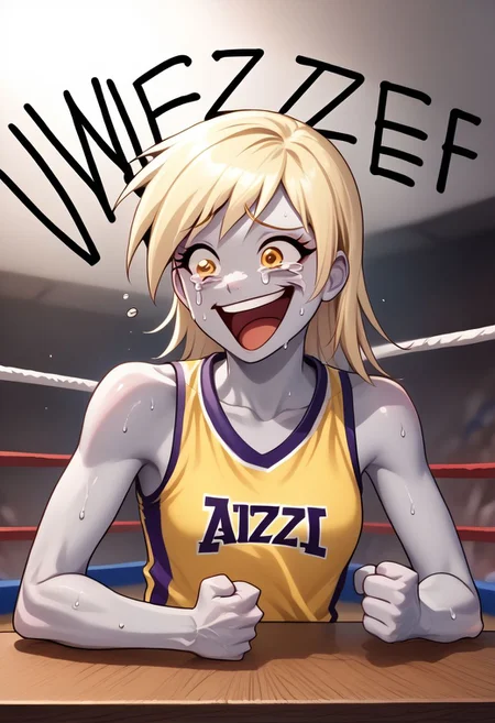 EnD_Niji_Sports, source_pony, Wheeze, open mouth, tears, laughing, Derpy Hooves, colored skin, grey skin, smile, crazy eyes, collarbone, upper body, shirt, bare shoulders, closed mouth, sweat, sleeveless, makeup, sportswear, wrestling uniform, hand on table, english text, clenched hand BREAK PonyXLV6_Scores