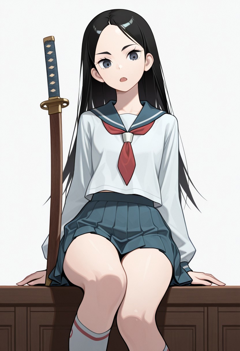 masterpiece, best quality, 32k, high resolution, absurdres, kitsu chiri, shoes, open mouth, standing, forehead, sitting, kneehighs, weapon, legs, portrait, neckerchief