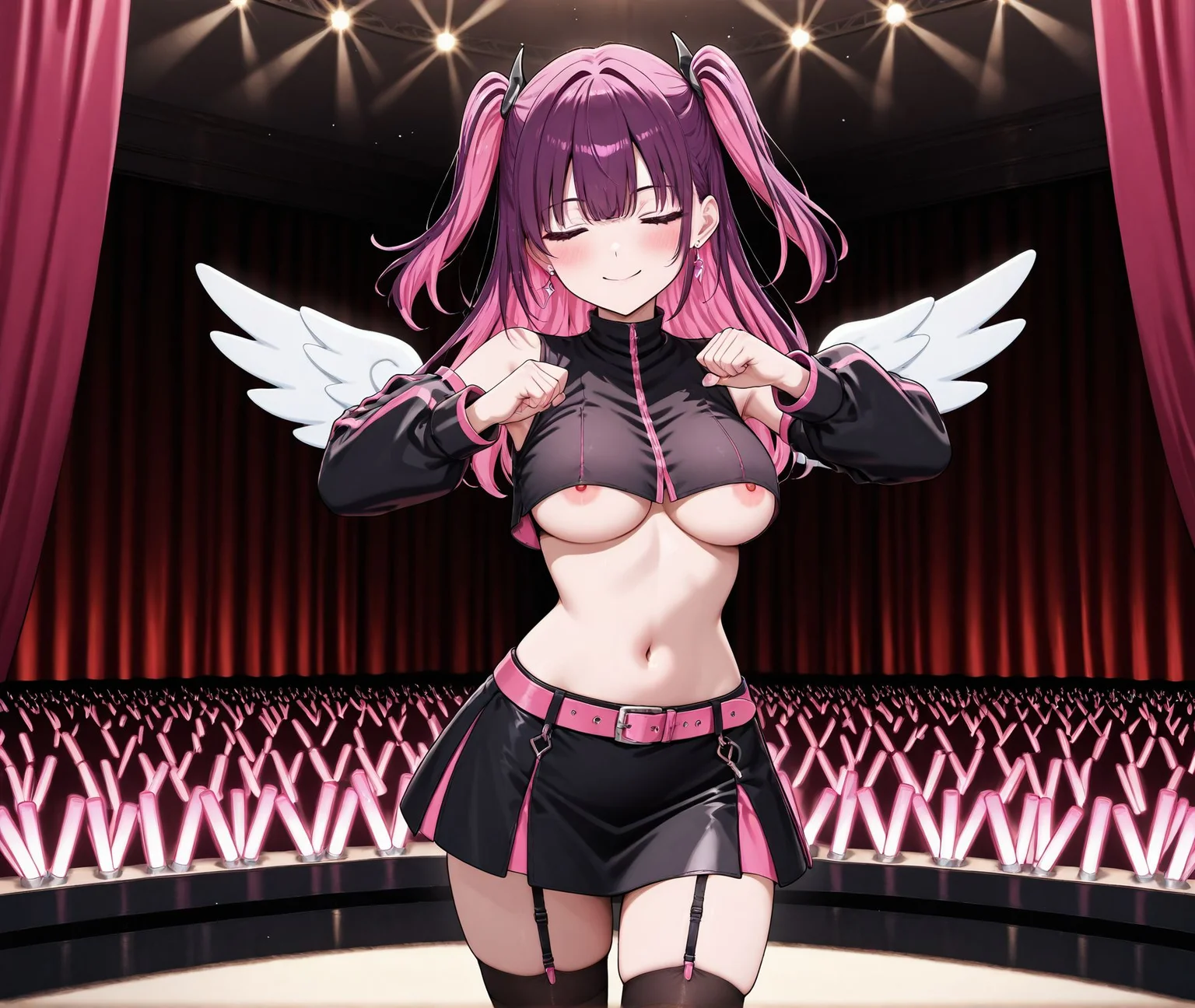 masterpiece,best quality,amazing quality,very aesthetic,absurdres,newest, huge filesize,
<lora:spo_sdxl_10ep_4k-data_lora_webui:0.5>,
<lora:shikairo-days-dance-ponyxl-lora-nochekaiser:1>, shikairo days dance, shikairo days dance (meme), dancing, meme, closed eyes, clenched hands, glowsticks, blush, smile, nude, navel, nipples,, cowboy shot,
BREAK
<lora:mikarinil:0.9>
pink high heels,
mikarin, long hair, breasts, bangs, skirt, shirt, thighhighs, navel, bare shoulders, jewelry, medium breasts, (pink hair and purple hair, multicolored hair female), earrings,
detached sleeves, wings, sleeveless, midriff, belt, black thighhighs, miniskirt, black skirt pink eyes ,black footwear, two side up, crop top ,black shirt sleeveless shirt ,underboob, garter straps , pink belt,