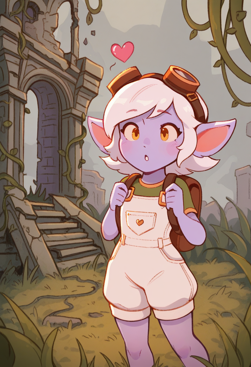 WhimsiFantasystyle,  masterpiece, best quality, tristana\(league_of_legends\), white hair, ultra detailed yellow eyes, white overalls, purple skin, love hearts, backpack, goggles,  seated on grass,  silly expression, fantasy kingdom background, ruins, vines, 
