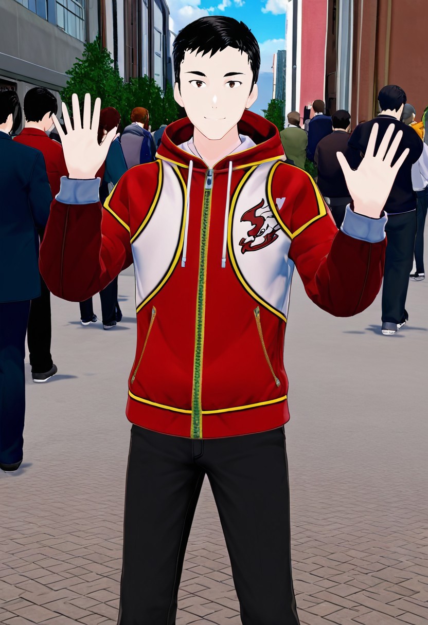 harmard, black hair, short hair, brown eyes, 1boy, solo, solo focus, red_white_jacket, black pants, young man, outdoor setting, right hand waving gesture, left hand leans on hip, handfixer