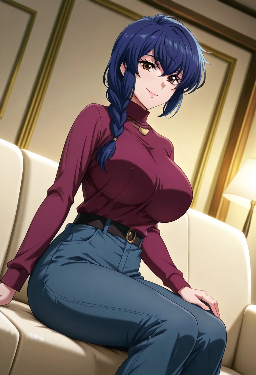general,highres, ultra-detailed,very aesthetic,best quality ,best hands,best eyes,easynegative,
dynamic anglre, dutch angle, game cg,
1girl solo,looking at viewer,room,sitting on sofa,smile,
Sheila Tuel Meta-llicana,blue hair,braid,ponytail,brown eyes,huge breasts,shirt,pants,