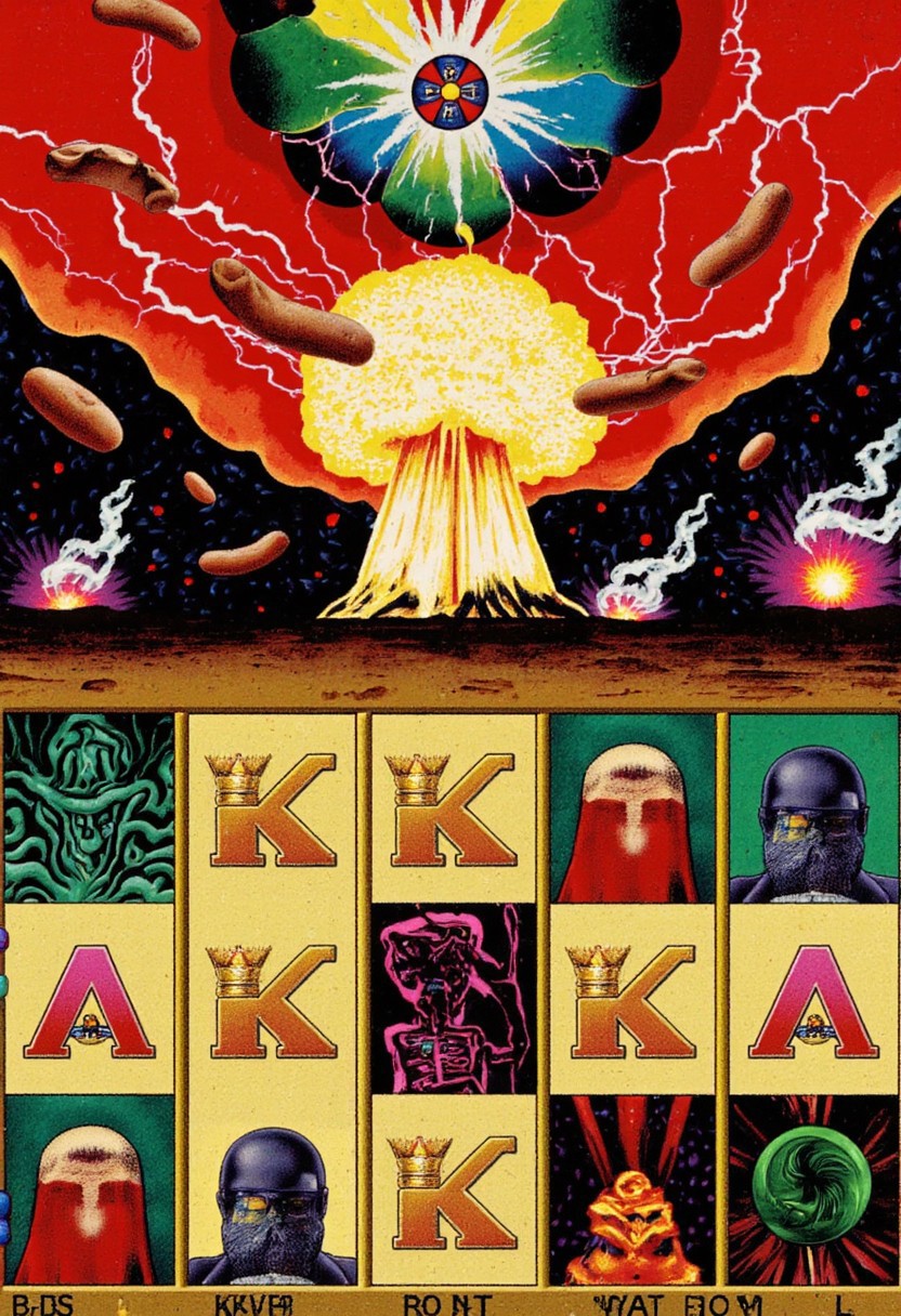 Slot machine graphics from front view . Disturbing scenes of addiction, people injecting drugs heroin, white powder, drinking alcohol smoking cigarettes. very strange surrealist style with holographic vortex featuring swirls of holotropic colour and glowing eyes wet distorted factory shot. On the television sets are glowing hands, with electricity coming off the finger tips. swirling around her head are holograms of  glyphs chaos magick symbols. the room has thick electricity cables and smoke is coming off them. large wet glistening slices of wet soggy ham and hot dogs are floating in the air, dripping gooey sauce combining mustard and blood, there are multiple wet hotdogs floating. on the wall in the background are photos of nuclear explosions