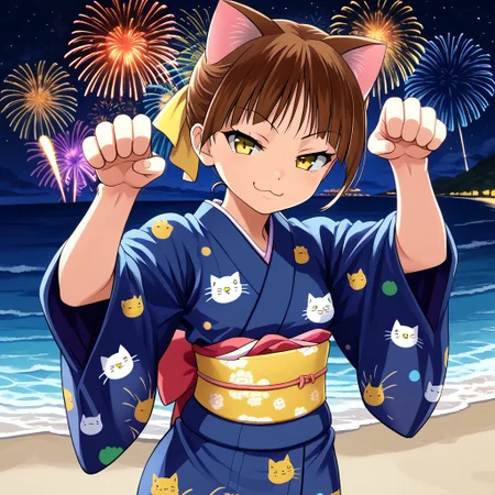 neko-musume, 1girl, solo, brown hair, yellow eyes, smug, paw pose, Japanese clothes, kimono, cat print kimono, starry sky, fireworks, beach, ocean