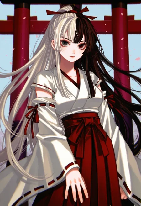 <lora:onibi_noob:1>, oborotsukuyomi, tsukuyomi hakama, detached sleeves, 1girl, solo, split-color hair, torii, luoman19921, (kawacy:0.4), (mynameisyoon:0.3), masterpiece, best quality, newest, very awa,