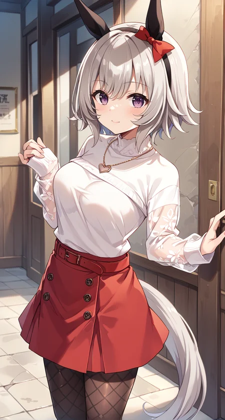 score_9,score_8_up,score_7_up,
official art,official style,game cg,megami magazine,
uncensored,
1girl,
crc casual,curren chan (umamusume),
animal ears,belt,black pantyhose,blush,bow,ear bow,ear covers,
fishnet pantyhose,fishnets,grey hair,hair between eyes,horse ears,horse girl,
pantyhose,purple eyes,red belt,red bow,red skirt,short hair,skirt,
sweater,white sweater,bangs,black hairband,eyebrows visible through hair,
hairband,highres,horse tail,long sleeves,see-through,see-through sleeves,
shirt,tail,violet eyes,sleeves past wrists,black legwear,
eyebrows behind hair,hair ribbon,headband,ribbon,silver hair,
jewelry,necklace,heart necklace,
standing,
<lora:umamusume_curren_chan_pony_v1:1>,