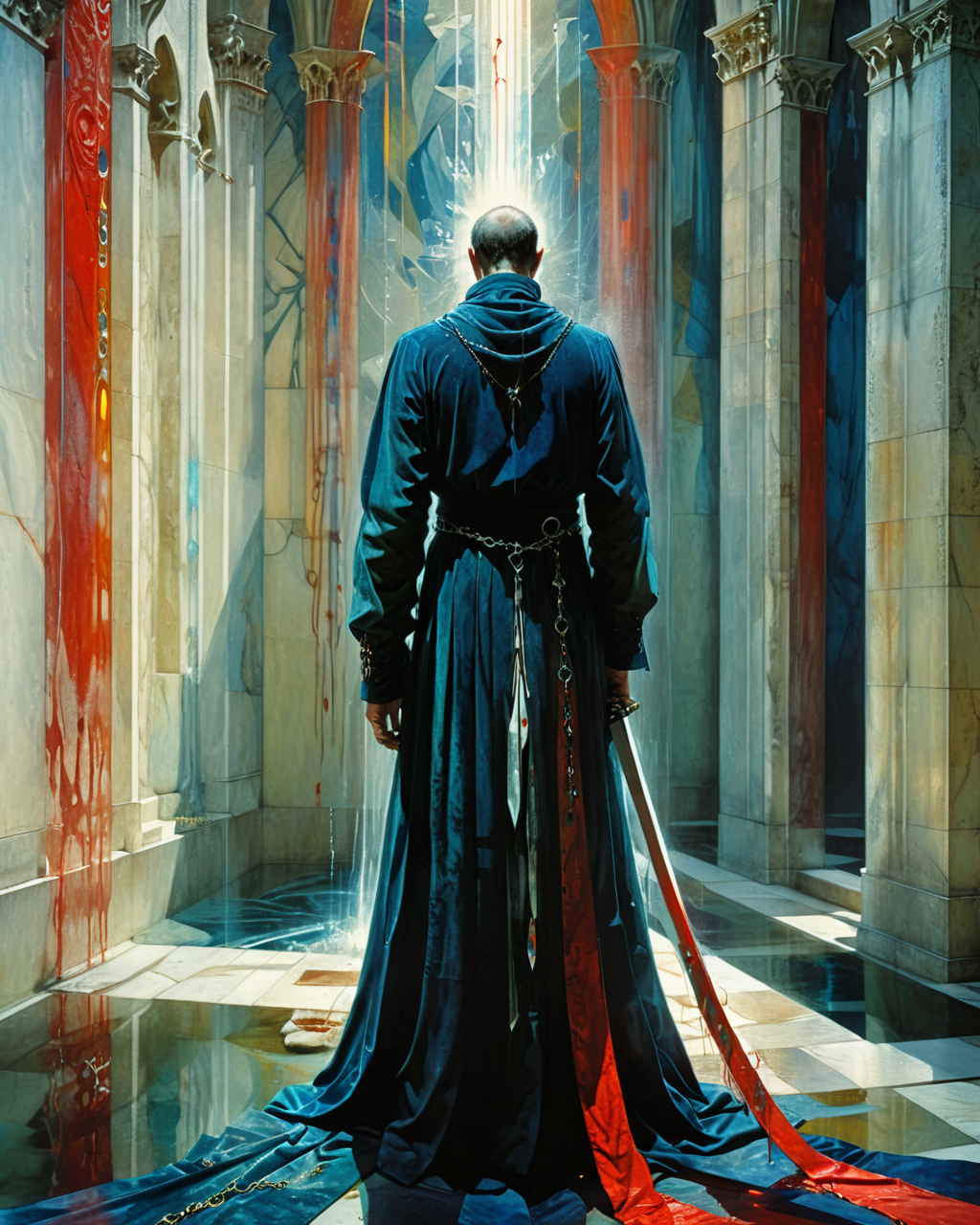 priest, indigo velvet robe, sword, focused lighting, cathedral, marble, colorful prismatic refracted light, reflections, water, fountain, blood, chains, transparency, intense colors, realistic photo, <lora:XSfenlie:0.6> fenliexl,  <lora:xl_more_art-full_v1:0.5>,  <lora:add-detail-xl:0.4>,   <lora:Philippe Druillet Style:1> Philippe Druillet Style, <lora:Euan Uglow Style:1> Euan Uglow Style page