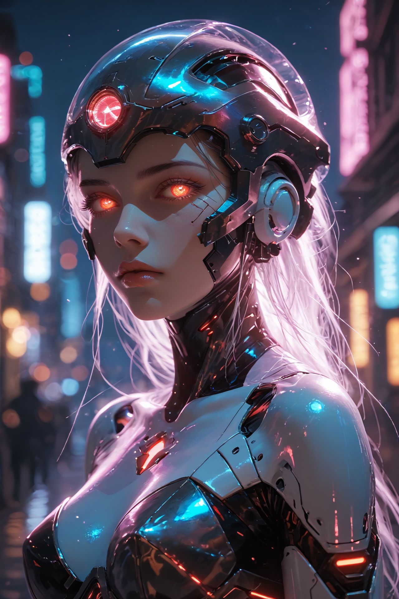 looking at viewer,detailed background,Cinematic Lighting,film grain,score_9,score_8_up,score_7_up,masterpiece,best quality,highly detailed,
<lora:(增强)sdxl_lightning_8step_lora:1>,<lora:glowneon_xl_v1:1>,glowing,<lora:Expressive_H:0.8>,Expressiveh,<lora:th3rm4lXLP:0.4>,th3rm4l,colorful,
1girl,solo,glowing,helmet,science fiction,blurry background,humanoid robot,blurry,power armor,neon lights,glowing eyes,city,upper body,night,breasts,cyberpunk,robot,