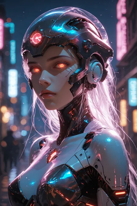 looking at viewer,detailed background,Cinematic Lighting,film grain,score_9,score_8_up,score_7_up,masterpiece,best quality,highly detailed,
<lora:(增强)sdxl_lightning_8step_lora:1>,<lora:glowneon_xl_v1:1>,glowing,<lora:Expressive_H:0.8>,Expressiveh,<lora:th3rm4lXLP:0.4>,th3rm4l,colorful,
1girl,solo,glowing,helmet,science fiction,blurry background,humanoid robot,blurry,power armor,neon lights,glowing eyes,city,upper body,night,breasts,cyberpunk,robot,