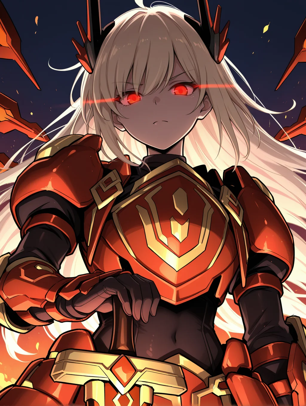 sky striker ace - raye,red power armor,mecha musume,official alternate costume,1girl,solo,glowing eyes,red huge sword,looking at viewer,hand on hilt,sketch,upper body,fire,closed mouth,frown,orange eyes,black bodysuit,red headgear,red sword wings,red armored gloves,red breastplate,from below,
masterpiece,best quality,amazing quality,very aesthetic,absurdres,newest,<lora:Sky striker ace - kagari illusXL v1:0.7>,