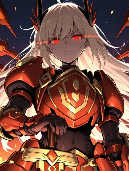 sky striker ace - raye,red power armor,mecha musume,official alternate costume,1girl,solo,glowing eyes,red huge sword,looking at viewer,hand on hilt,sketch,upper body,fire,closed mouth,frown,orange eyes,black bodysuit,red headgear,red sword wings,red armored gloves,red breastplate,from below,
masterpiece,best quality,amazing quality,very aesthetic,absurdres,newest,<lora:Sky striker ace - kagari illusXL v1:0.7>,