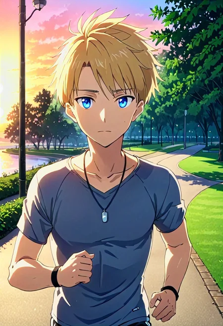high resolution, solo, best quality, 1Boy, Yamato Ishida, Blonde Hair, Blue Eyes, Necklace, Jogging, park, sunrise, fitness,