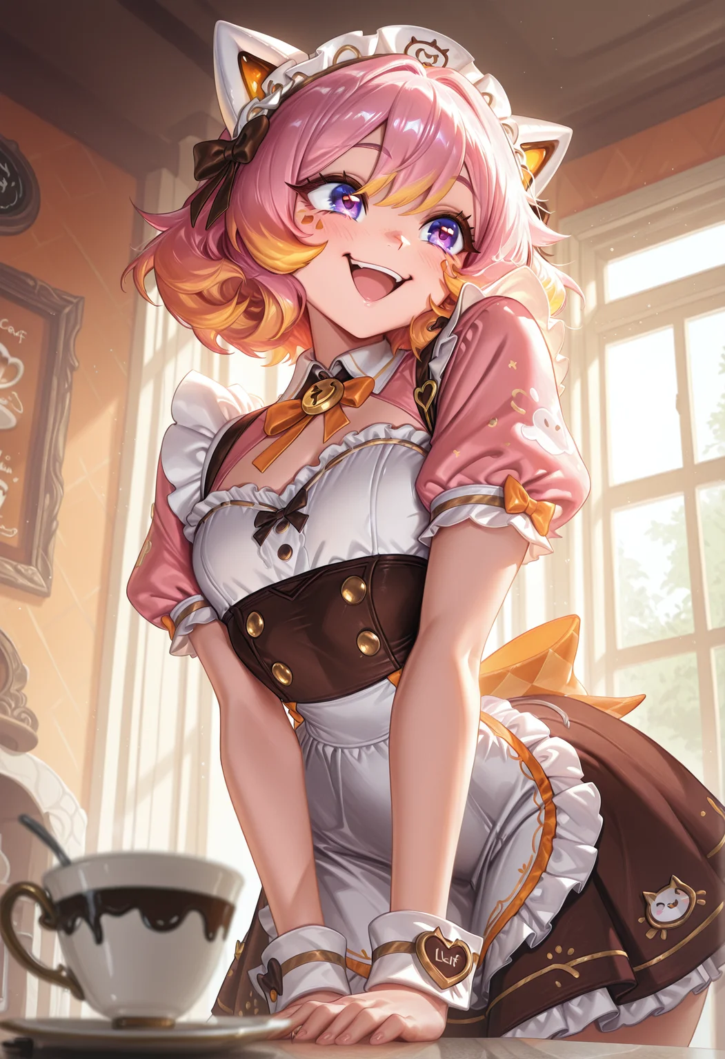 best quality, masterpiece \(quality\), L0LSPL4SH, year2024, year2023, West Studio, sixmorevodka, 1girl, cafe cutie, cafe cutie civchan, civchan, solo, smile, happy, blurry foreground, narrow waist, <lora:L0LSPL4SH_IllustriousXLv01:0.8>, <lora:CivChan:0.8>