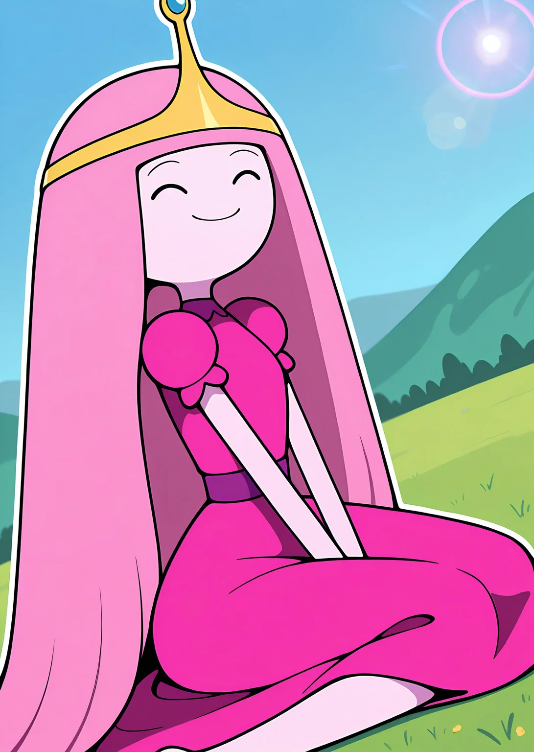 <lora:OMS_PB:1> oms_pb, dot eyes, 1girl, solo, pink hair, pink skin, very long hair, solo, pink dress, tiara,
amazing quality,very aesthetic,absurdres,newest, dutch angle, cowboy shot, blurred background, white outline, lens flare,
smile, ^_^,
outdoors, green meadow,blue skies,wariza, from side